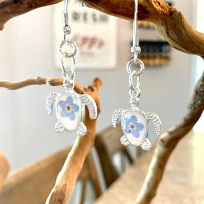 Sea Turtle Resin Pressed Flower Earrings Jewelry,..