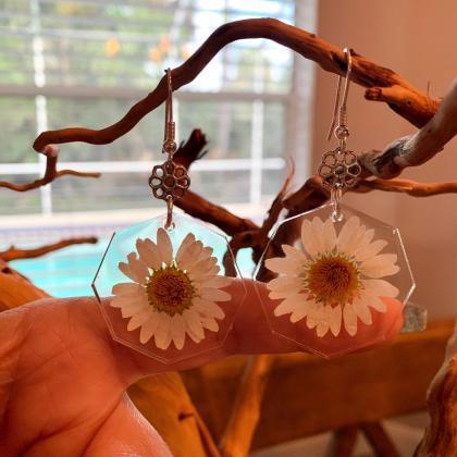 Real Flower Earrings, Pressed Daisy Flower..