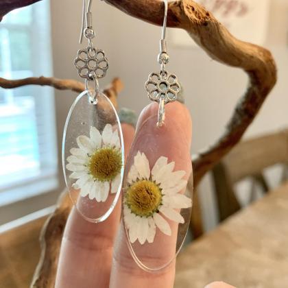 Real Dried Flower Earrings, Resin Pressed Daisy..