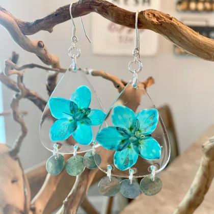 Resin Pressed Flower Earrings, Turquoise Marsh..