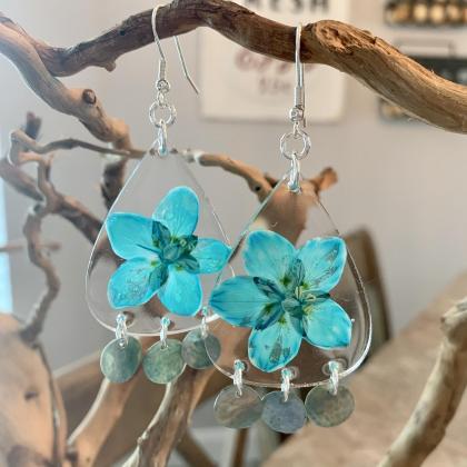 Resin Pressed Flower Earrings, Turquoise Marsh..