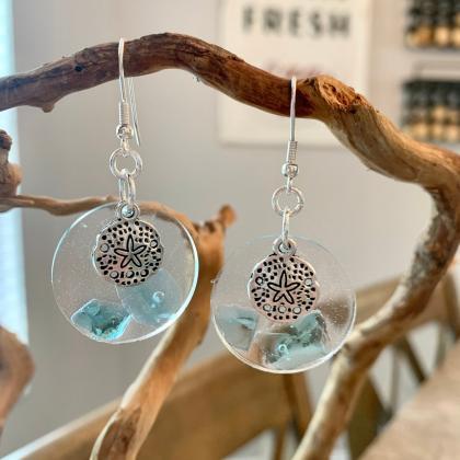 Sea glass resin earrings,sand dolla..