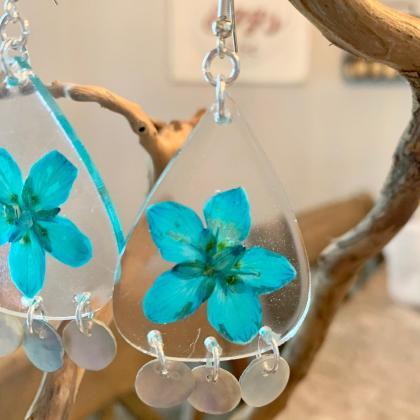 Pressed Turquoise Flower Earrings, Turquoise Marsh..