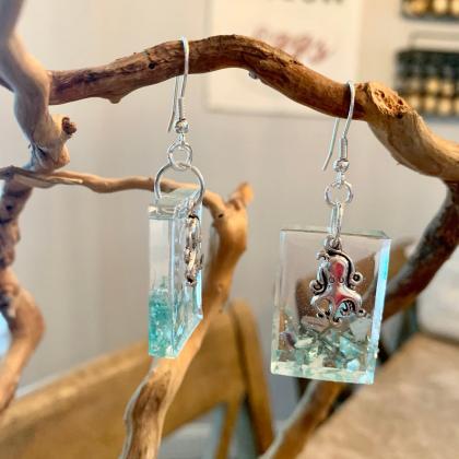 Resin crushed glass octopus earring..