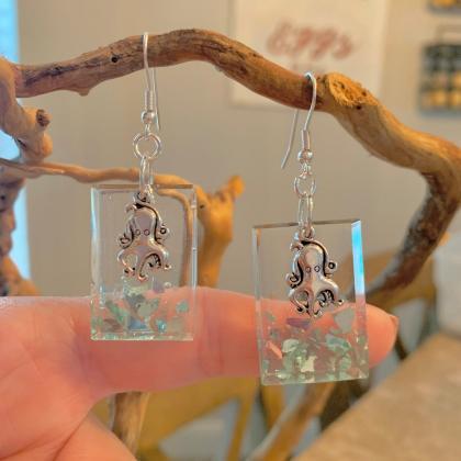 Resin crushed glass octopus earring..