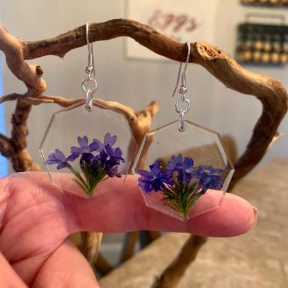 Resin Pressed Flower Earrings,octagon..