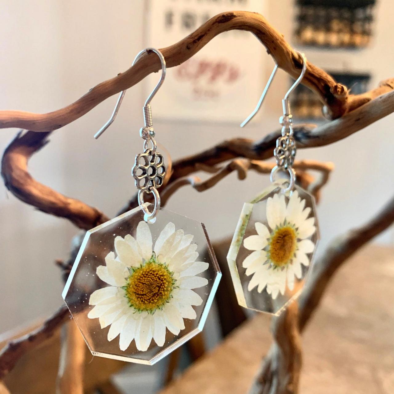 Real Flower Earrings, Pressed Daisy Flower Earrings,resin Jewelry,preserved Flowers,botanical,boho,gift,special Occasion,jewelry For Women,bridal