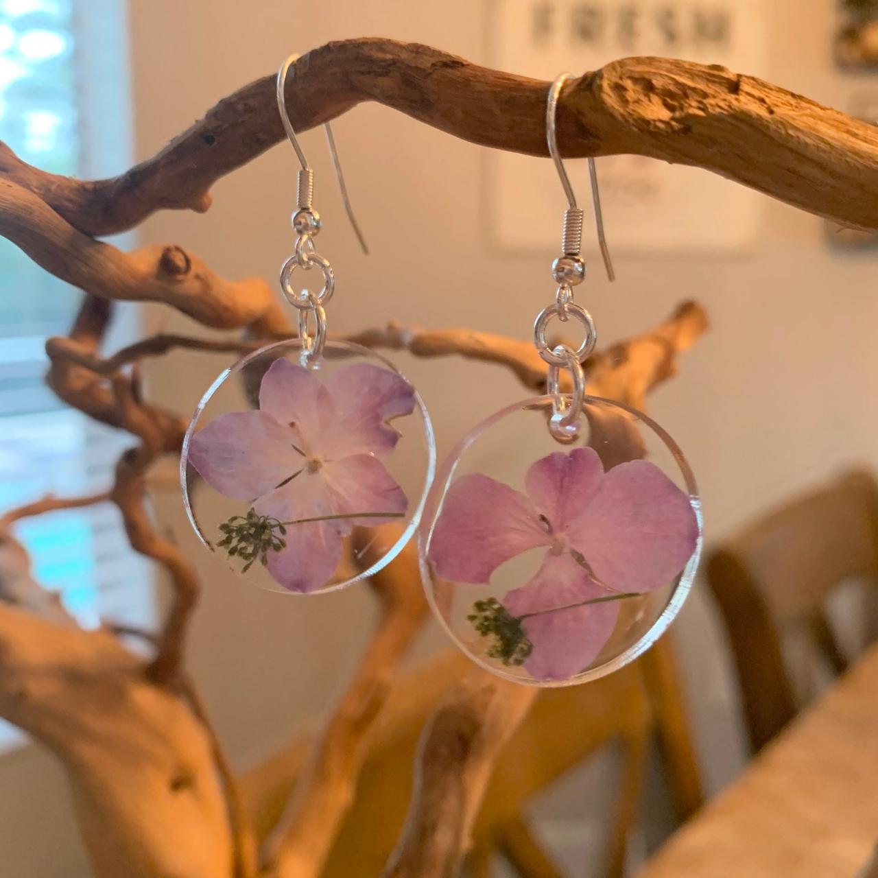 Resin Pressed Flower Earrings,real Flower Earrings, Pink Dried Flower Earrings