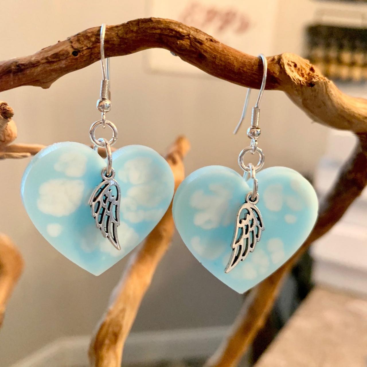 Heart/angel Earrings,clouds,resin Art,angel Wing Charm,angelic, Jewelry For Women,spiritual,heaven Earrings, Jewelry For A Special Occasion