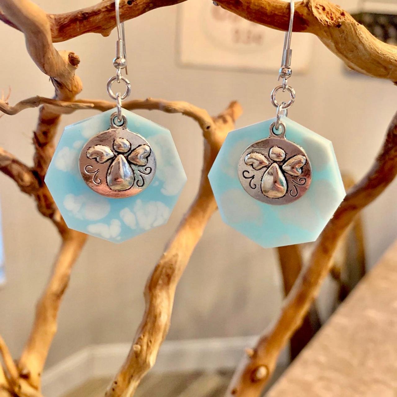 Angel Earrings,clouds,resin Art,angel Charm,angelic, Jewelry For Women,spiritual,heaven Earrings, Jewelry For A Special Occasion,gift,heaven