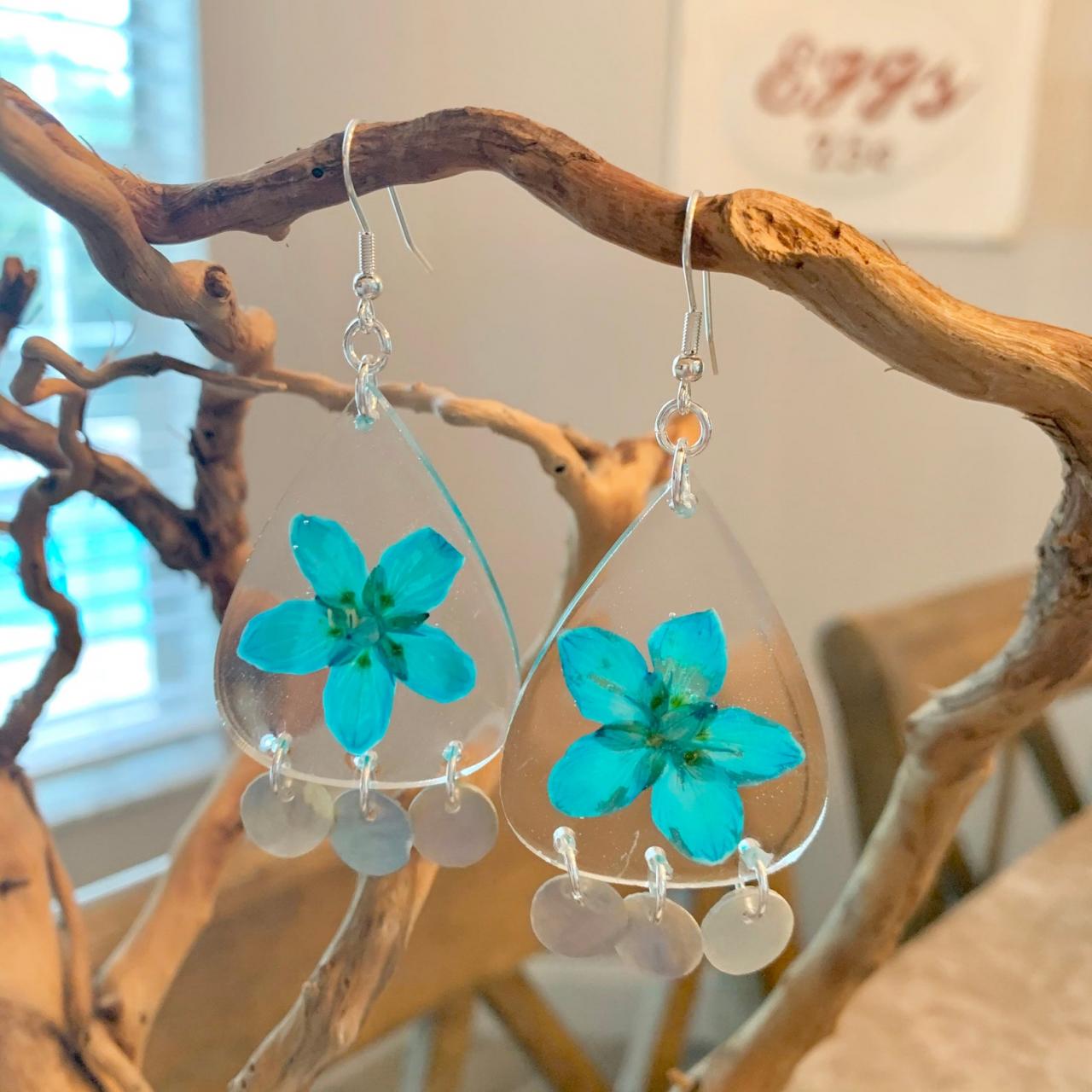 Pressed Turquoise Flower Earrings, Turquoise Marsh Of Parnassus Resin Earrings,real Flower Earrings ,statement Jewelry, Unique Gift