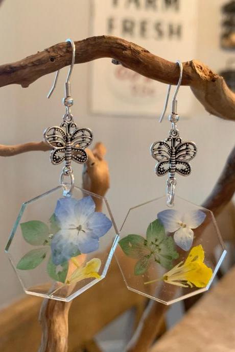 Resin pressed flower earrings,boho,resin earrings,Real Flower Earrings 