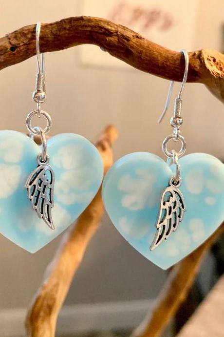 Heart/angel earrings,clouds,resin art,angel wing charm,angelic, jewelry for women,spiritual,heaven earrings, jewelry for a special occasion