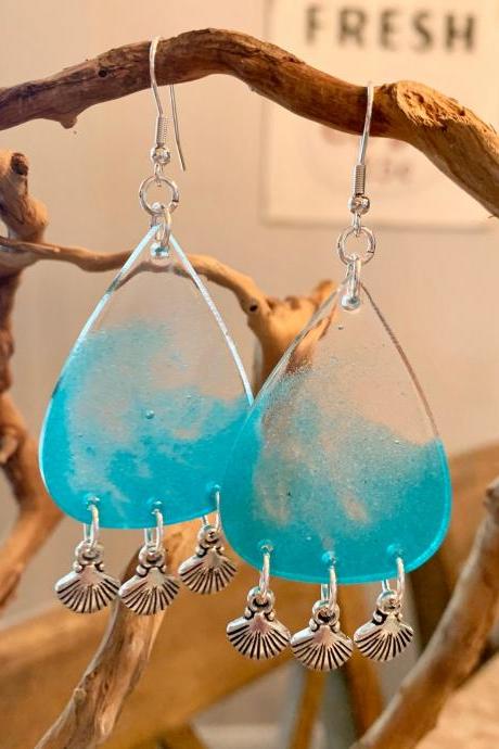 Resin large tear drop turquoise sand earrings,ocean earrings,wave earrings,resin art, beach jewelry,birthday,jewelry for women,gift,shell