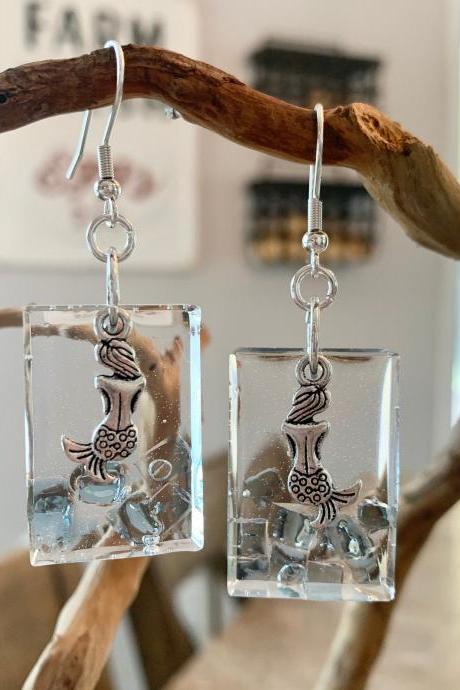 Mermaid earrings,crushed glass,beach earrings, jewelry for women,ocean jewelry,gift,mermaid jewelry,resin art earrings,special occasion