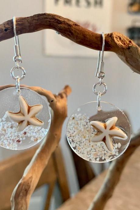 Round resin earrings,starfish sand earrings,beach jewelry, jewelry for women,resin art,gift,summer jewelry,wave,tropical, shell earrings